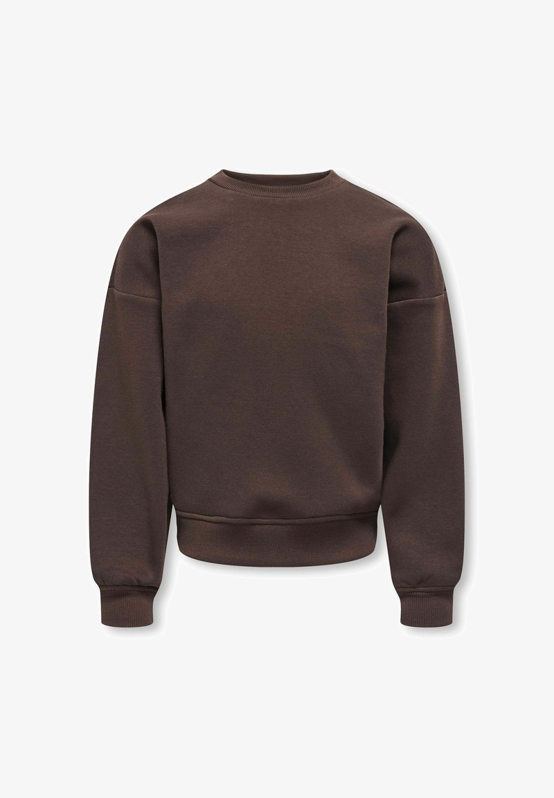 Sweat-shirt marron uni à col rond, manches longues, poignets et taille côtelés, présenté sur fond blanc.