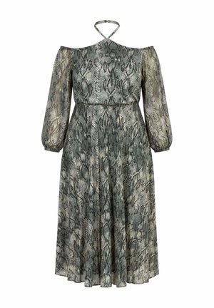 Ulla Popken, SNAKESKIN PRINT OFF-THE-SHOULDER HALTER DRESS - Jurk - olive grey