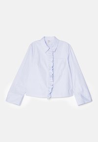 Ljusblå bomullsskjorta med rynkad framsida, spetsig krage och långa ärmar. Har en vänster bröstficka och knappstängning.