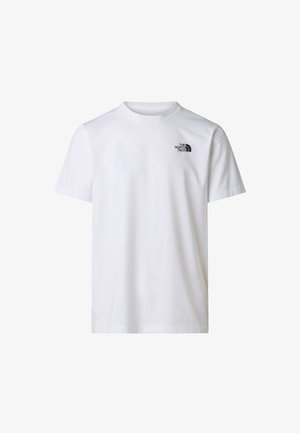 Camiseta blanca de algodón con mangas cortas y cuello redondo que presenta un pequeño logo negro en el área del pecho izquierdo. Textura suave, ajuste clásico.