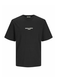 Zwarte katoenen t-shirt met korte mouwen, met een witte print van het logo "ORIGINALS CREATIVE STUDIO" op de borst. Casual ontwerp.