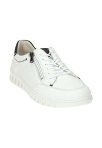 White leather sneaker with textured finish, featuring a side zipper, lace-up front, and rubber sole with grooves for traction.