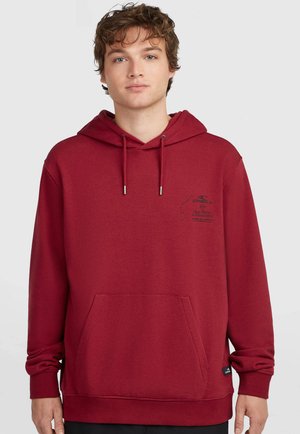 Junger Mann mit heller Haut und lockigem braunem Haar, der einen roten O'Neill Hoodie mit Fronttasche und kleinem Brustlogo trägt.