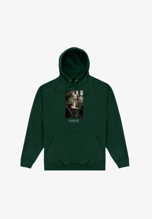 Ciemnozielona bluza z kapturem z centralnym zdjęciem kobiety trzymającej czerwoną książkę, pod spodem napis „popularność Gossip Girl ma swoją cenę.”