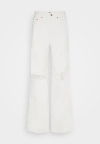Calças de ganga largas brancas, com áreas desgastadas, fecho de botão e design clássico de cinco bolsos.