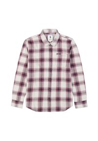 Lange mouwen blouse met een witte, roze en grijze ruitpatroon, een zak op de linkerborst en een kraag.