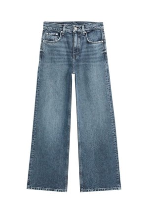 Blauwe denim jeans met hoge taille en wijde pijpen, voorzien van voor- en achterzakken, knoopsluiting en riemlussen.
