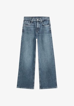 Hochtaillierte, weit geschnittene blaue Jeans aus Denim mit vorderen und hinteren Taschen, Knopfverschluss und Gürtelschlaufen.