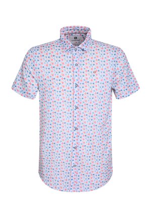 Korte mouwen knoopblouse met een lichtblauwe achtergrond en een meerkleurig cirkelpatroon in roze, rood en marineblauw.