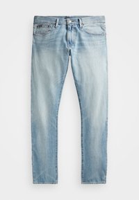 Vaaleansininen farkkukangas, jossa on kapeneva muotoilu, viisi taskua, vetoketjusuljenta ja hieno haalistuminen. Ompeleet ovat erivärisiä.