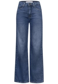 Vaqueros de talle alto y pierna ancha en denim azul oscuro, con una textura suave, diseño de cinco bolsillos y un cierre de un solo botón.