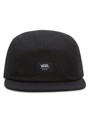 Casquette Vans noire cinq panneaux avec visière plate et patch logo devant indiquant "Vans Off The Wall Since 1966" en texte blanc.