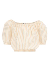 Top scivolato in tessuto leggero color crema con righe verticali arancioni; presenta maniche a sbuffo e orlo elastico.