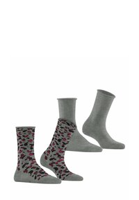 Drei Paar Socken: ein Paar mit einem Muster aus grauen, rosa und schwarzen Punkten, zwei in einfarbigem Grau. Alle haben einen gerippten Bund und eine weiche Textur.