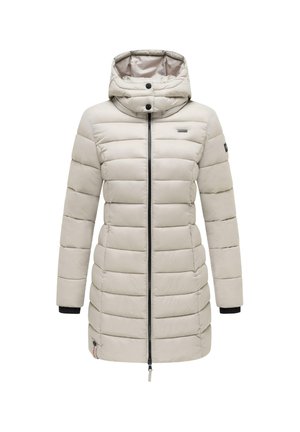 Lichtbeige lange gewatteerde winterjas met een hoge kraag, afneembare capuchon, centrale rits en zwarte geribde polsmanketten.