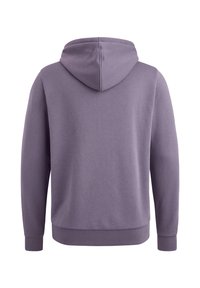 Paarse hoodie met een gladde textuur, voorzien van een grote capuchon, lange mouwen en ribgebreide manchetten en zoom. Eenvoudig, strak ontwerp zonder versieringen.
