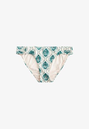 Let svømmedragt bikini bund med let polstring, prydet med et teal og blomster mønster på en cremefarvet baggrund. Den har en blød, glat tekstur og moderat dækning.