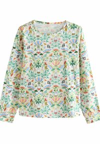 Camicia a maniche lunghe con motivo floreale che presenta animali dei cartoni animati in verde, giallo e rosa su uno sfondo crema; tessuto morbido e leggero.