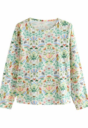 Košulja dugih rukava s cvjetnim uzorkom koja prikazuje crtane životinje u zelenoj, žutoj i ružičastoj boji na krem pozadini; mekani, lagani materijal.