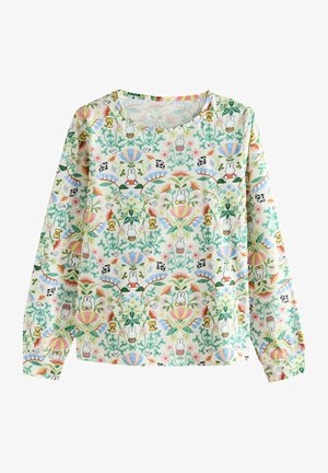 Košulja dugih rukava s cvjetnim uzorkom koja prikazuje crtane životinje u zelenoj, žutoj i ružičastoj boji na krem pozadini; mekani, lagani materijal.
