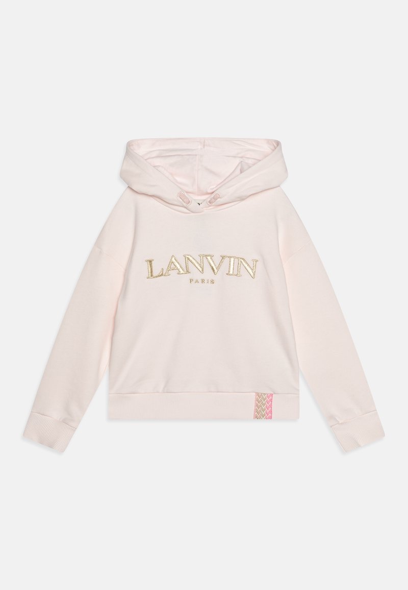 Sweat à capuche rose clair à manches longues, broderie dorée "LANVIN PARIS" sur la poitrine, et petites rayures chevrons roses et beiges près de l'ourlet.