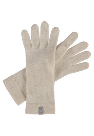 Gants tricotés de couleur crème avec une texture lisse, cinq doigts et une manche côtelée, dotés d'un petit logo sur la zone du poignet.