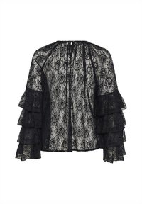 Melna mežģīņu blūze ar ziedu rakstu, volānu piedurknēm un atvērumu aizmugurē ar aizdari. Caurspīdīgs audums un brīvs piegriezums.