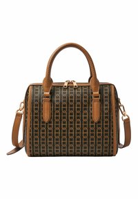 Bolso marrón y verde oscuro con un patrón geométrico, asas de cuero, herrajes dorados y una correa de hombro ajustable.