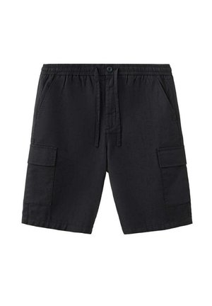 Pantaloncini cargo neri con cintura elasticizzata, bottone frontale e coulisse, tasche laterali con pattina e tasche frontali inclinate.