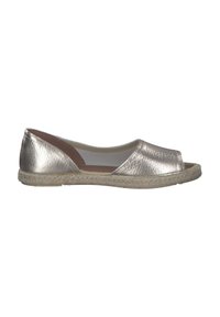 Metallisch silberne Espadrille mit einem Peeptoe-Design, ausgestattet mit einer gewebten Jutesohle und einem glatten, leicht strukturierten synthetischen Obermaterial.