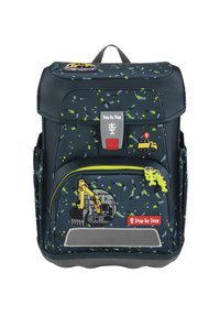 Children's dark blue backpack with green and gray confetti pattern, yellow construction vehicle patches, and "Step by Step" logo on front.