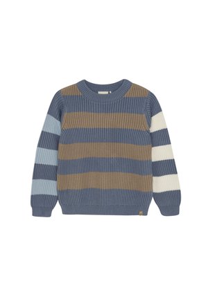 Strickpullover in verschiedenen Blautönen, Braun und Creme, mit horizontalen Streifen, rundem Halsausschnitt sowie gerippten Bündchen und Saum.