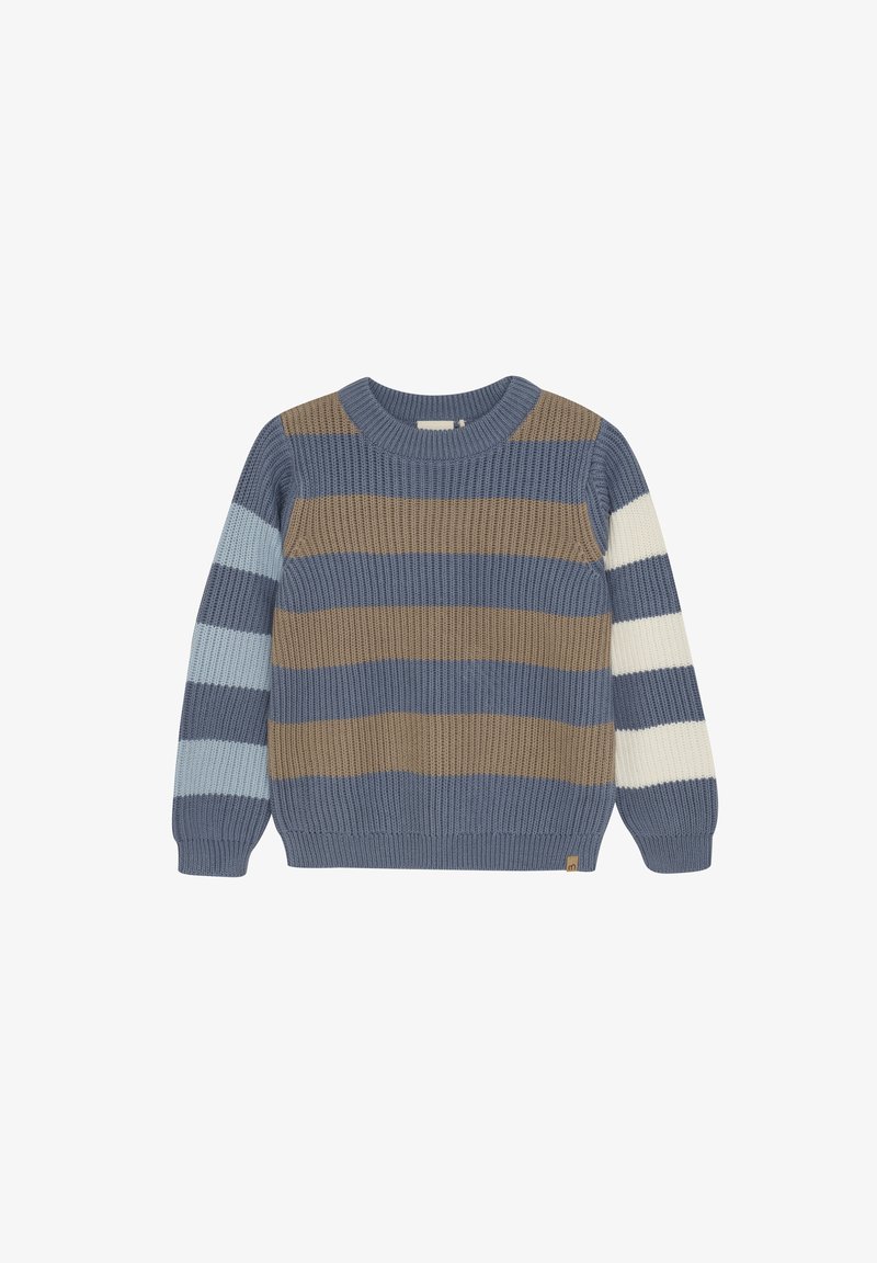 Knitted sweater in various shades of blue, brown, and cream, featuring horizontal stripes, round neck, and ribbed cuffs and hem.