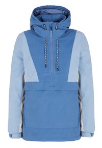 Giacca pullover blu con cappuccio. Presenta un mix di pannelli blu chiaro e scuro, tasca frontale e cordini a contrasto. Texture liscia.