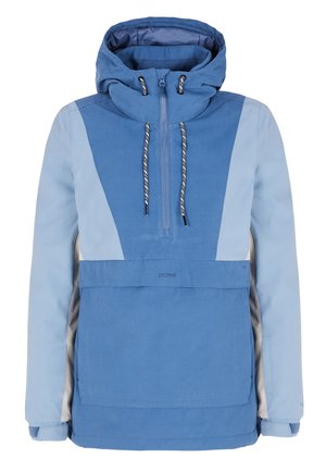 Veste à capuche de couleur bleue. Présente un mélange de panneaux bleus clairs et foncés, une poche frontale et des cordons de serrage contrastants. Texture lisse.