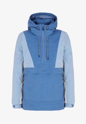 Veste à capuche de couleur bleue. Présente un mélange de panneaux bleus clairs et foncés, une poche frontale et des cordons de serrage contrastants. Texture lisse.