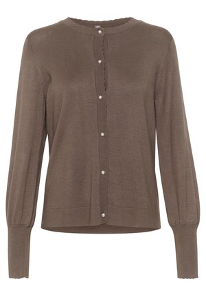 Brauner Cardigan mit langen Ärmeln, gerippten Details, gewelltem Ausschnitt und Perlenknopfverschluss vorne. Weicher Strickstoff.