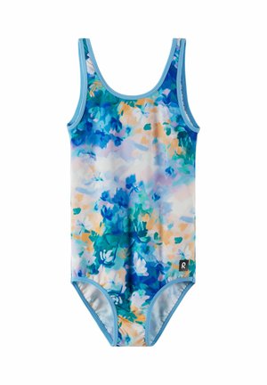 Mädchen Badeanzug Einteiler mit blauem, türkisfarbenem, weißem und pfirsichfarbenem Blumen-Aquarellmuster und hellblauer Einfassung an den Rändern.