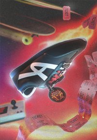 Fekete-fehér sneaker piros fűzőkkel és Hellfire Club címkével, lebegve egy gördeszka, egy arcade joystick és egy piros sorsjegycsík mellett.