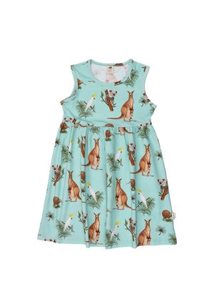 Sleeveless light blue children's dress with kangaroo, koala, cockatoo, kiwi bird, and eucalyptus leaf pattern.
