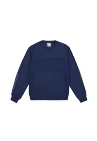 Felpa blu navy in cotone con colletto rotondo, maniche lunghe, tasca anteriore e un design distintivo di pannello sovrapposto sul petto.