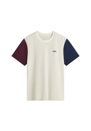 T-shirt a maniche corte con corpo color crema e maniche bordeaux e blu navy. Presenta un piccolo logo nero sul petto. Realizzato in tessuto di cotone.