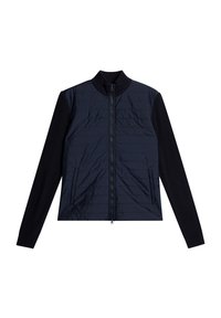 Marinblå zip-up jacka med en vadderad front, ribbad ärmar och krage, i en slät tygkvalitet med kontrasterande texturer.