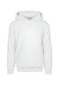 Hvid fleece hoodie med en tekstureret, blød overflade. Har snoretræk i hætten og ribbede manschetter. Designet er enkelt og afslappet.