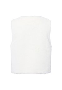 Gilet bianco in pelliccia sintetica, senza maniche, texture morbida, forma rettangolare, senza chiusure o decorazioni visibili, vista posteriore semplice.