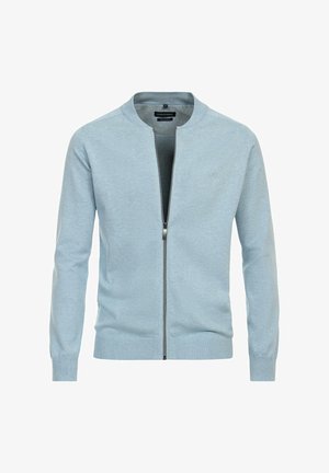 Hellblauer Cardigan mit Reißverschluss, rundem Ausschnitt, gerippten Bündchen und Saum, weicher Textur und minimalistischem Design. Keine sichtbaren Muster oder Logos.