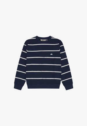 Temno modra dolgoročna majica z belimi vodoravnimi črtami in majhnim belim logotipom na levi strani prsnega koša.