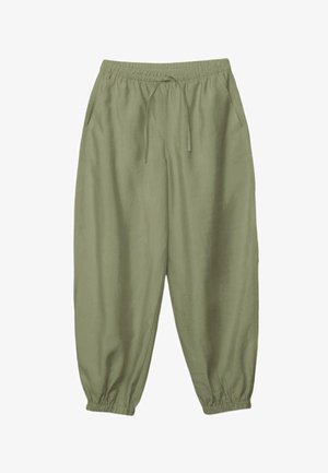 Pantaloni casual verde oliva con vita elastica, coulisse, tasche laterali e polsini elastici alle caviglie.