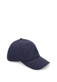 Navy blue baseball cap made of fabric with a curved brim, six-panel design, ventilated eyelets, and a button on top.