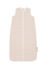 Sac de couchage pour bébé en tissu doux avec une base crème, présentant des rayures horizontales beiges et de petits motifs de lapins, fermeture zip.